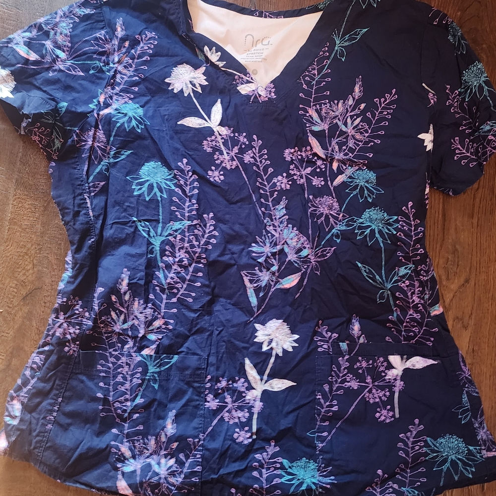 Barco Uniforms Navy Floral V-Neck Scrub Top with Purple & Teal Accents